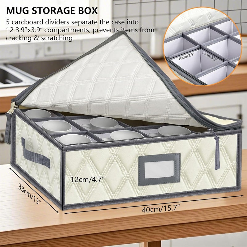 VERONLY Mug and Cup Storage Box with Dividers - 1 Pack China Storage Bin Containers Holds 12 Glassware, Stackable Coffee Mug Organizer Bin and Tea Cup with 2 Metal Zipper,Label and Handles - Image 3